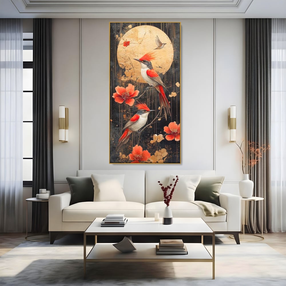 Tablou canvas cu tablou canvas cu pasari si flori rosii, in rama de aluminiu auriu, pe perete intr-un living